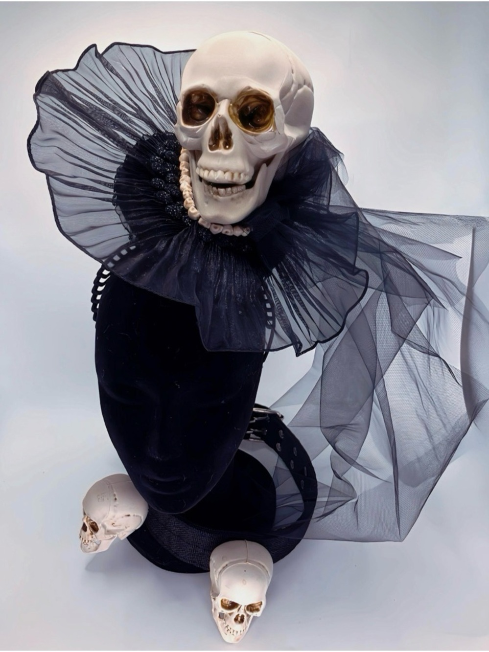 Skull Black Sheer Ruffled Statement Hat fascinator and matching dog Collar